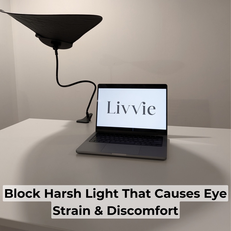 Desk shade blocking eye strain from window glare at an office desk