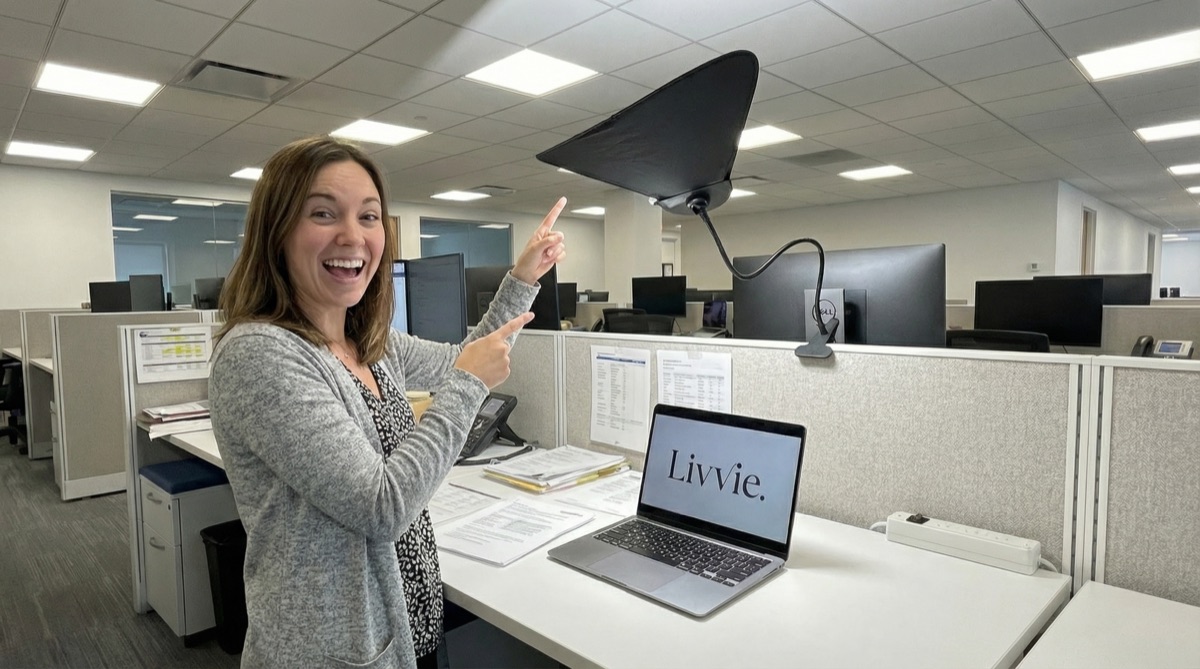 Livvie clip-on desk shade blocking overhead light at a cubicle