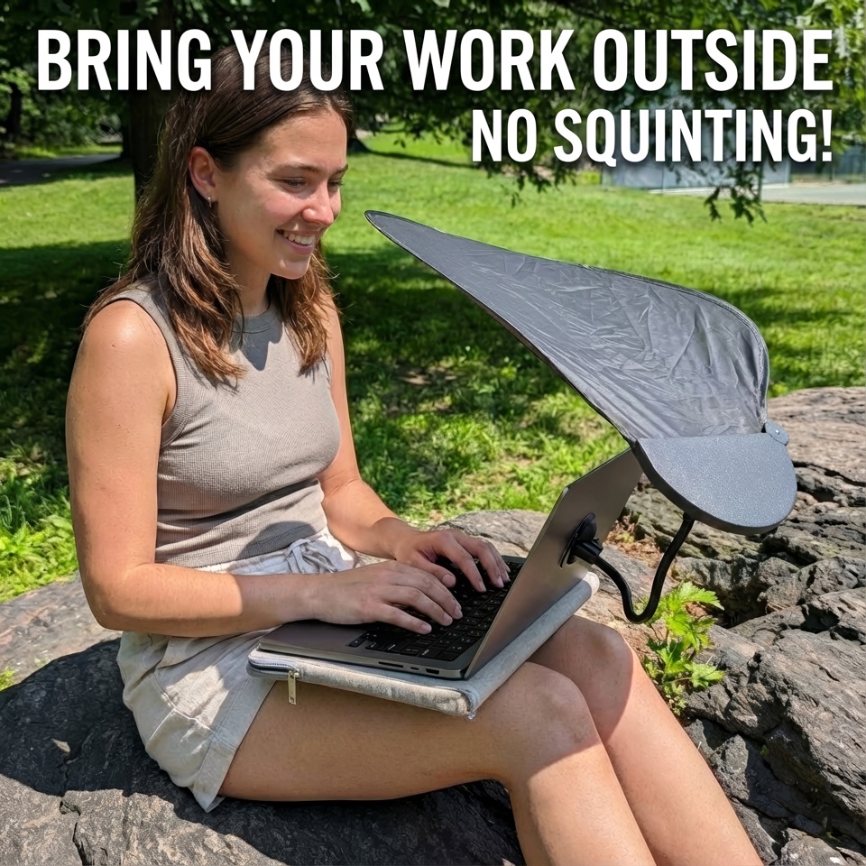Woman using laptop shade in a park to see screen without squinting